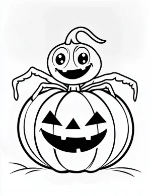 Happy Cartoon Spider with Web and Pumpkin Halloween Coloring Page by Mindset Flow