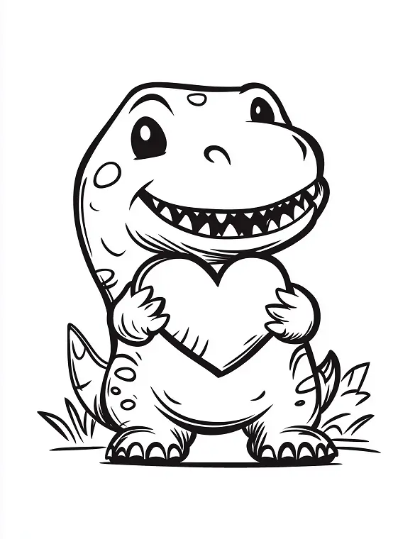 Happy Cartoon T-Rex Dinosaur Holding Heart Coloring Page By Mindset Flow
