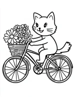 Happy Cat Riding Bicycle with Flowers Coloring Page by Mindset Flow