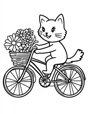Happy Cat Riding Bicycle with Flowers Coloring Page by Mindset Flow
