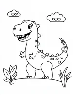 Happy Dinosaur with Clouds and Plants Coloring Page