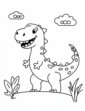 Happy Dinosaur with Clouds and Plants Coloring Page