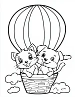 Happy Dog and Cat Flying in Hot Air Balloon Coloring Page by Mindset Flow