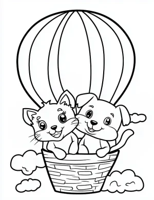 Happy Dog and Cat Flying in Hot Air Balloon Coloring Page by Mindset Flow