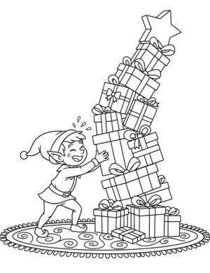 Happy Elf Balancing Giant Gift Tower Coloring Page By Mindset Flow