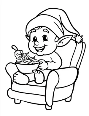 Happy Elf Enjoying Spaghetti on Couch Coloring Page by Mindset Flow