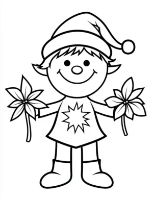 Happy Elf Holding Christmas Flowers Coloring Page By Mindset Flow