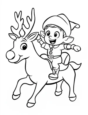 Happy Elf Riding a Reindeer Coloring Page by Mindset Flow