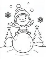 Happy Elf Sitting on Giant Snowball Coloring Page By Mindset Flow