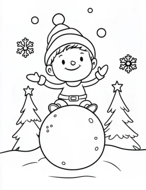 Happy Elf Sitting on Giant Snowball Coloring Page By Mindset Flow