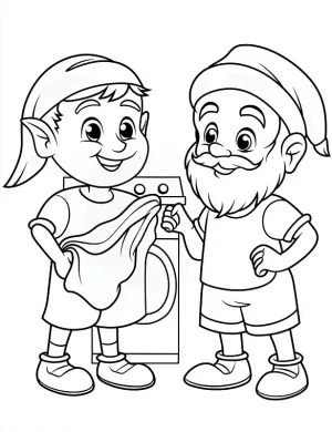Happy Elves Doing Laundry Together Coloring Page by Mindset Flow