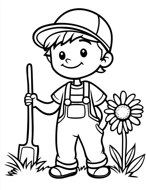 Happy Farmer Boy with Shovel and Flower Accent Adult Coloring Page