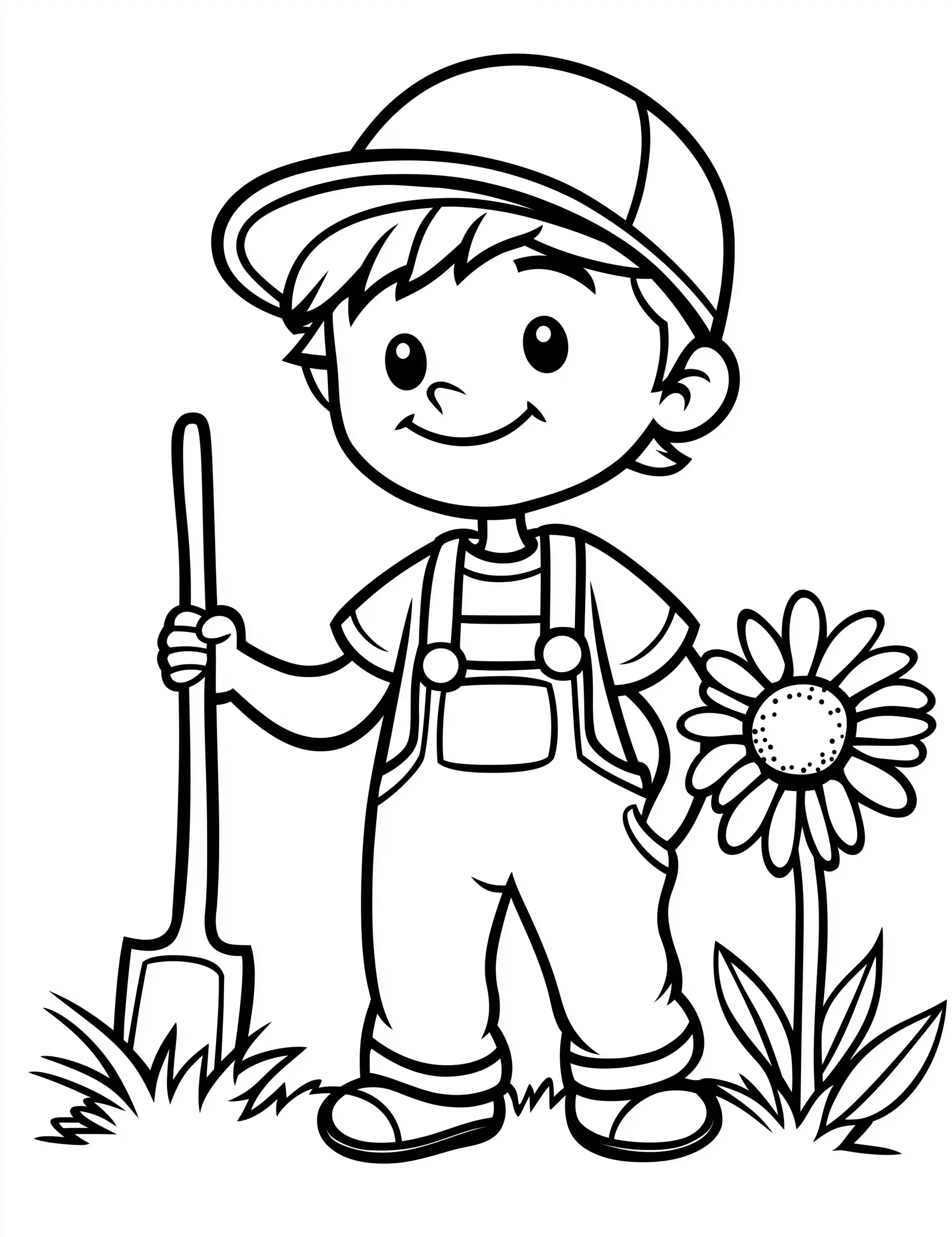 Happy Farmer Boy with Shovel and Flower Accent Adult Coloring Page