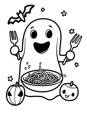 Happy Ghost Enjoying Spaghetti with Pumpkins Coloring Page By Mindset Flow