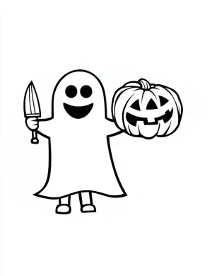 Happy Ghost Holding Pumpkin with Knife Halloween Coloring Page by Mindset Flow