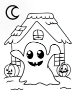 Happy Ghost Standing Infront Of a Gingerbread House Coloring Page by Mindset Flow