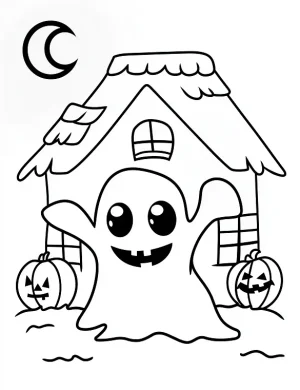Happy Ghost Standing Infront Of a Gingerbread House Coloring Page by Mindset Flow