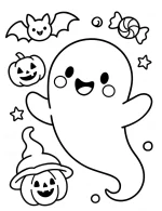 Happy Ghost with Halloween Pumpkins and Bats Coloring Page by Mindset Flow