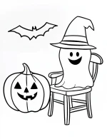 Happy Ghost with Pumpkin and Bat Halloween Coloring Page by Mindset Flow