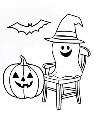 Happy Ghost with Pumpkin and Bat Halloween Coloring Page by Mindset Flow