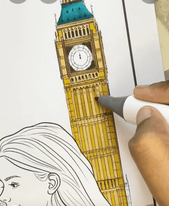 Happy Girl At Big Ben London Adult Coloring Page-HowToVideo