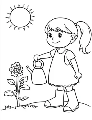 Happy Girl Watering Rose Plant Flower Coloring Page By Mindset Flow