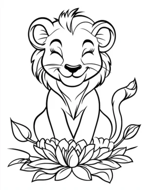 Happy Lion Surrounded By Lotus Blossoms Flower Coloring Page By Mindset Flow