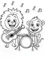 Happy Lion and Monkey Band Coloring Page by Mindset Flow