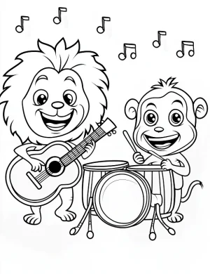 Happy Lion and Monkey Band Coloring Page by Mindset Flow