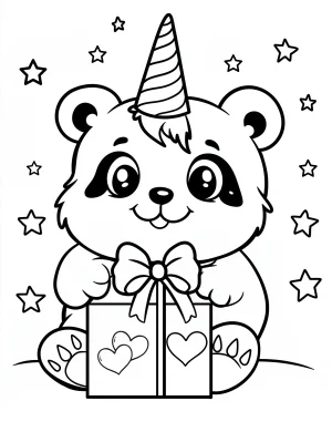 Happy Panda Unicorn Holding Gift Box Coloring Page