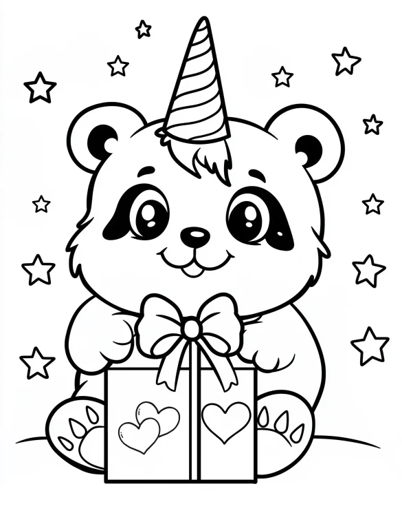 Happy Panda Unicorn Holding Gift Box Coloring Page