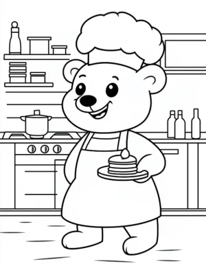 Happy Polar Bear Chef with Pancakes Coloring Page By Mindset Flow