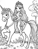 Happy Princess Riding Unicorn in Whimsical Garden Coloring Page