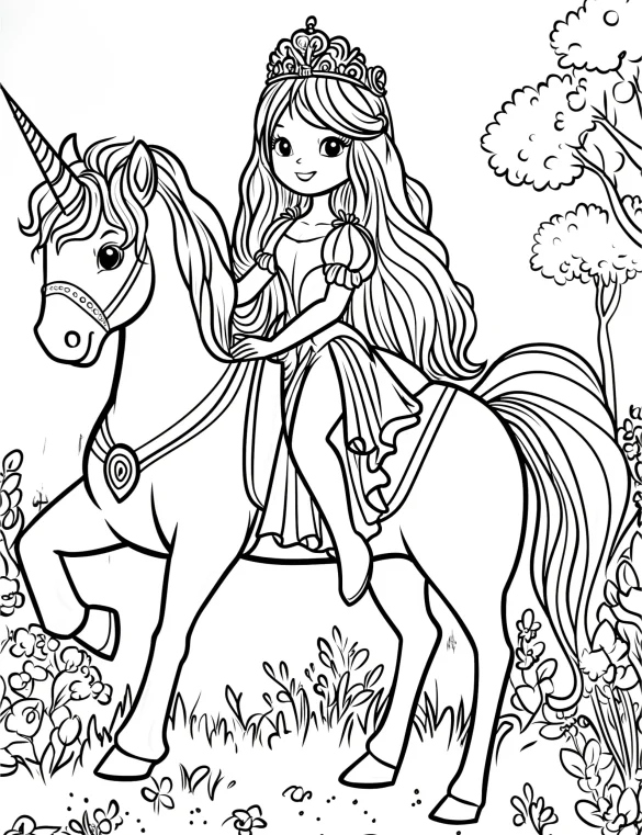 Happy Princess Riding Unicorn in Whimsical Garden Coloring Page