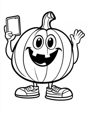 Happy Pumpkin Holding Phone Halloween Coloring Page by Mindset Flow