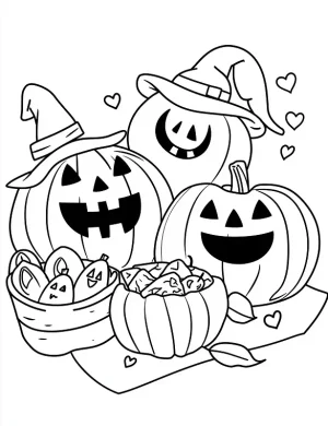 Happy Pumpkins With Witch Hats And Candy Basket Picnic Coloring Page by Mindset Flow