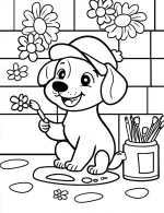 Happy Puppy Painting Flowers in Garden Coloring Page by Mindset Flow