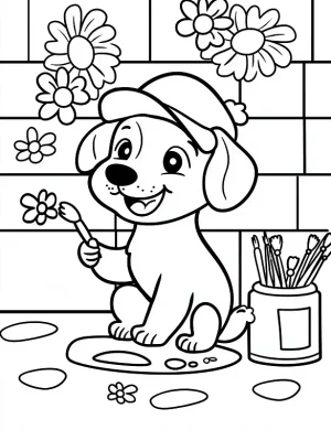 Happy Puppy Painting Flowers in Garden Coloring Page by Mindset Flow