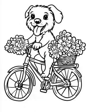 Happy Puppy with Flower Basket on Bike Coloring Page by Mindset Flow