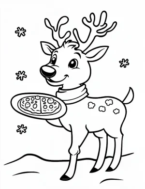 Happy Reindeer Holding a Pizza Tray Coloring Page by Mindset Flow