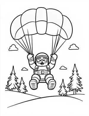 Happy Santa Parachuting Through Winter Sky Coloring Page By Mindset Flow