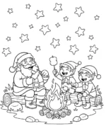 Happy Santa and Elves Campfire Christmas Coloring Page By Mindset Flow
