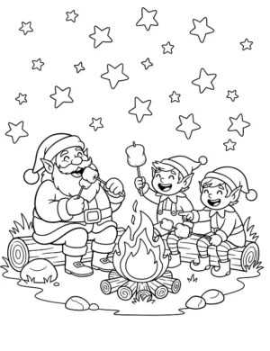 Happy Santa and Elves Campfire Christmas Coloring Page By Mindset Flow
