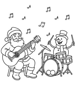 Happy Santa and Snowman Playing Music Coloring Page By Mindset Flow