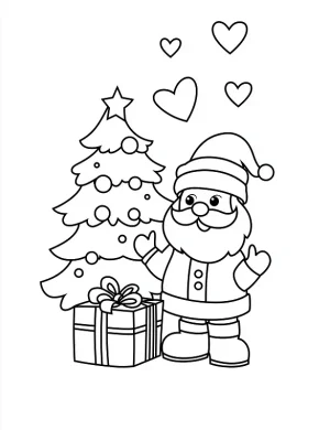 Happy Santa with Christmas Tree and Gift Coloring Page by Mindset Flow