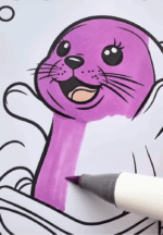 Happy Seal Riding a Water Slide Summer Coloring Sheet-HowToVideo