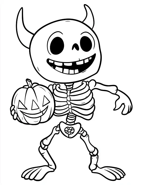 Happy Skeleton Holding Pumpkin Halloween Coloring Page by Mindset Flow
