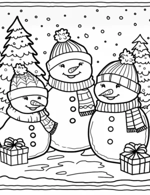 Happy Snowman Family with Gifts Holiday Coloring Page By Mindset Flow