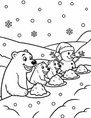 Happy Snowman and Bears Snow Feast Coloring Page By Mindset Flow