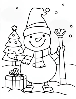 Happy Snowman with Broom Christmas Coloring Page By Mindset Flow